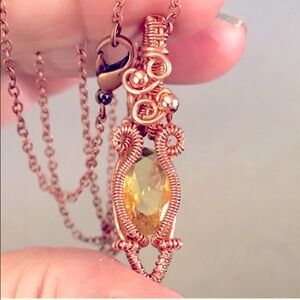 Citrine stone wire wrapped in copper with chain artesian created Handmade